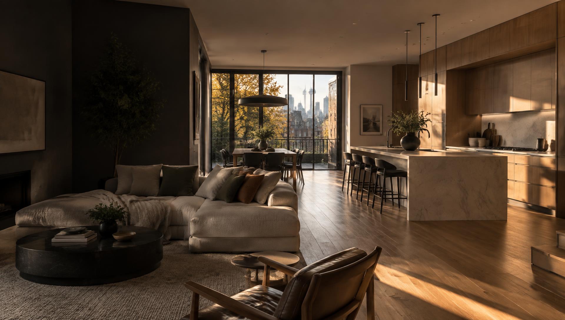 Completed open-concept Toronto home renovation at sunset